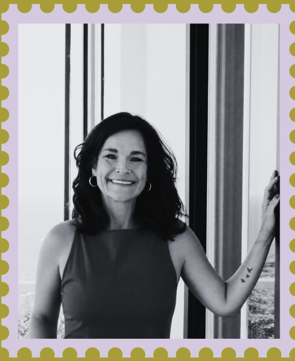 Lindsey Duffek, founder of Modern Merchant Group, in a stamp-edged lilac and olive frame